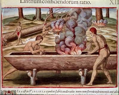 História da América: "Indians Building Boats" Gravura de "Admirante Narratio Americae" de Theodore de Bry (1528-1598) de Theodore de Bry