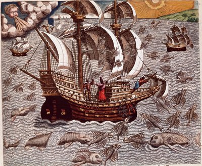 História da América: "Viagem de caravelas espanholas rodeadas de peixes voadores" Recito das viagens de Hans Staden, explorador alemão que partiu com as frotas espanholas para o Brasil, capturado pelos índios Tupinamba. Gravura de "Americae tertia pars mem de Theodore de Bry