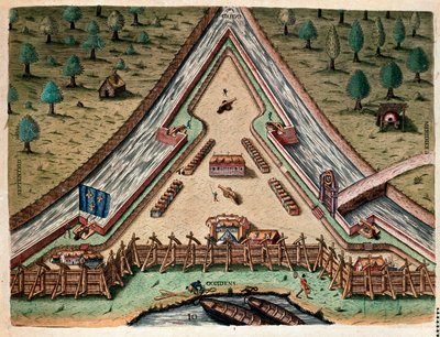 História da América: "Life of Fort Carolina, Bastion of Carolina" "Engraving from "Admirante Narratio Americae" de Theodore de Bry (1528-1598) depois de um desenho de Jacques le Moyne (de Morgues) (1533-1588) de Theodore de Bry