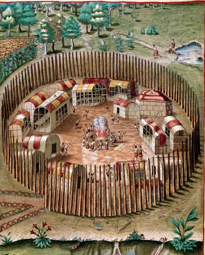 História da América: "Representação da cidade fortificada Pomeiock ou Pomeiooc na Virgínia em 1585" Gravura de "Admirante Narratio Americae" de Theodore de Bry (1528-1598) de Theodore de Bry