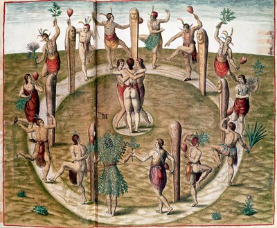 História da América: "Ritual Dance to Celebrate Friendship" Gravação de Theodore de Bry (1528-1598). Século XVI Vincennes, Museu Histórico da Marinha de Theodore de Bry