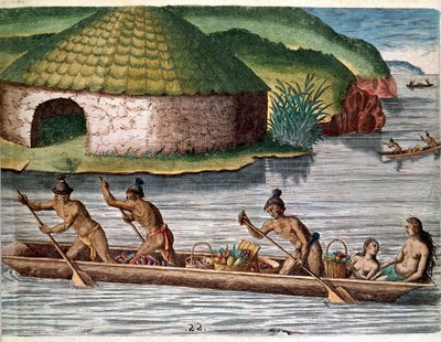 História da América: "O transporte de alimentos em barcos" Gravação de "Admirante Narratio Americae" (História da América) por Theodore de Bry (1528-1598) de Theodore de Bry