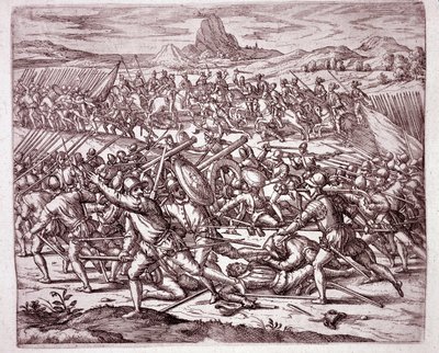 História da América: lutas entre os exércitos de Vaca de Castro e Almagro junior após a morte de Francisco Pizarro e Diego de Almagro (Gravura de Theodore de Bry