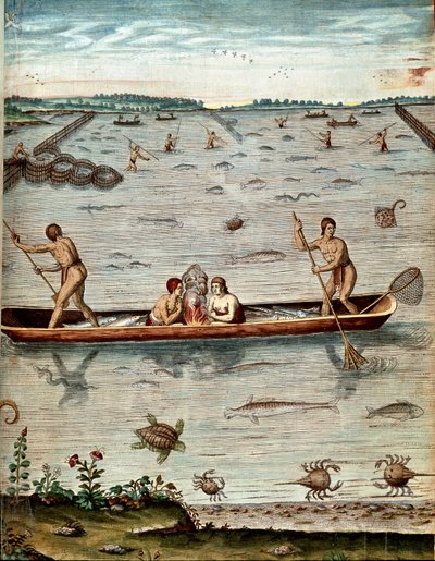 História da América: "pesca entre os habitantes da Virgínia" Nas águas de tartarugas, caranguejos e diversas variedades de peixes. Gravura de "Admirante Narratio Americae" de Theodore de Bry (1528-1598) de Theodore de Bry