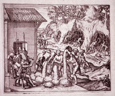 História da América: os espanhóis exploram as minas de ouro (Gravura de Theodore de Bry
