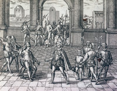 Imperador Inca Atahualpa sendo feito prisioneiro por espanhóis em Cajamarca, Peru, gravura de História Americana de Theodore de Bry (1528-1598), Frankfurt de Theodore de Bry