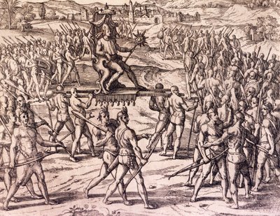 Imperador Inca Atahualpa derrotado pelas tropas espanholas de Francisco Pizarro (1475-ca 1541), Peru, gravura da História americana de Theodore de Bry (1528-1598), Frankfurt de Theodore de Bry