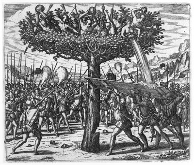 Índios em uma árvore Hurling Projéteis no espanhol de Theodore de Bry