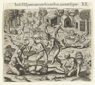 Os índios derramam ouro líquido na boca de um espanhol, 1594. de Theodore de Bry