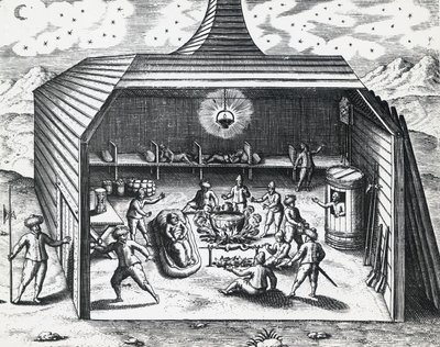 Interior da casa de inverno de William Barents (ca. 1550-1597) no arquipélago russo de Novaya Zemlya, por Theodor de Bry (1528-1598), gravura de Theodore de Bry