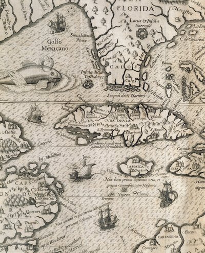 Ilha de Cuba, Flórida e Golfo do México, gravura de History of American Grand Voyages de Theodore de Bry