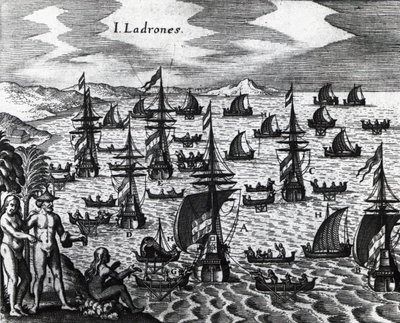 Ilhas dos Ladrões (Islas de los Ladrones, hoje Ilhas Marianas), gravura de Peregrinationes, de Theodor de Bry (1528-1598). Século XVI de Theodore de Bry