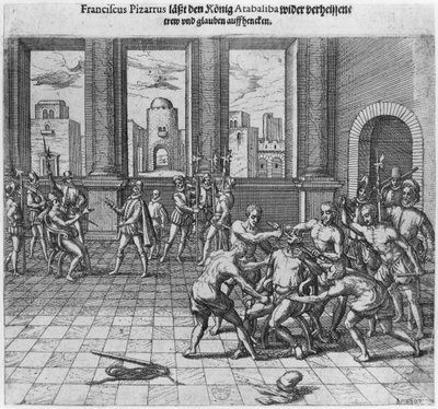 Rei Atahualpa (c.1502-33) executado em Cajamarca por ordem de Francisco Pizarro, 1533 de Theodore de Bry