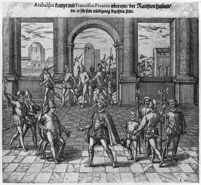 Rei Atahualpa (c.1502-33) tratando seu resgate com Francisco Pizarro, 1533 (gravura) (bw photo) de Theodore de Bry