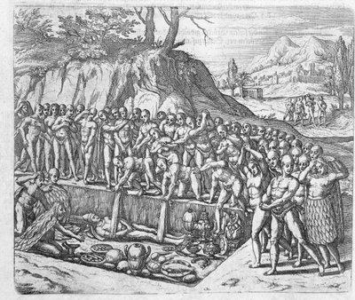 Método de sepultamento de reis e nobreza peruanos a partir do relato de Girolamo Benzoni sobre a conquista do Peru, de "Newe Welt und Americanische Historien" de Johann Ludwig Gottfried, publicado por Mattaeus de Theodore de Bry