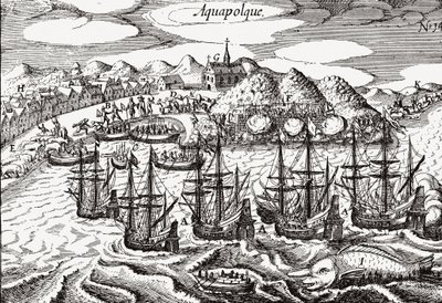 México, Vista de Acapulco - México (Aquapolque), Theodore de Bry, ca. 1630. Vista antecipada do assentamento colonial em Acapulco, que os espanhóis utilizaram como principal porto para o seu comércio do Pacífico com as Filipinas. O porto está repleto de ga de Theodore de Bry