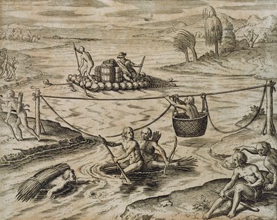 Índios nativos americanos que descem o rio Rapids, por Theodore de Bry de Theodore de Bry
