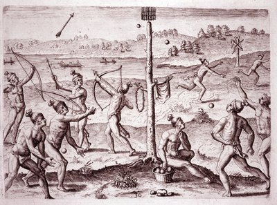 Nativos americanos praticando corrida, atirar flechas e atirar bola, Flórida (Gravação de Theodore de Bry