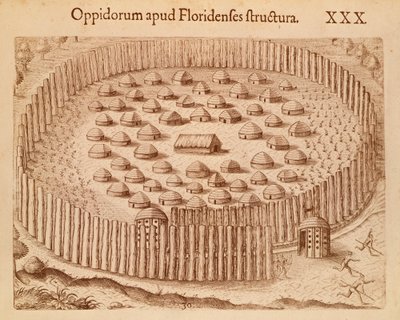 Native Village in Florida, ilustração de The Discourse of Florida de Theodore de Bry de Theodore de Bry