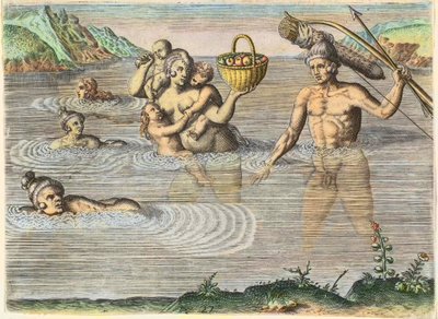 Nativos na Florida: uma família nadando de uma ilha para outra. De "Americae," parte II de Theodore de Bry
