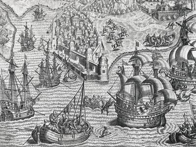 Batalha naval, gravura da História americana de Theodore de Bry (1528-1598), Frankfurt de Theodore de Bry