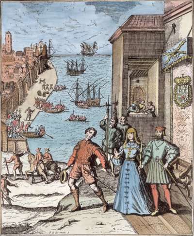 Partindo de Colombo com Ferdinand e Isabella, de "História Narrativa e Crítica da América", editado por Justin Winsor, Londres, 1886 (gravura) (posterior coloração) de Theodore de Bry