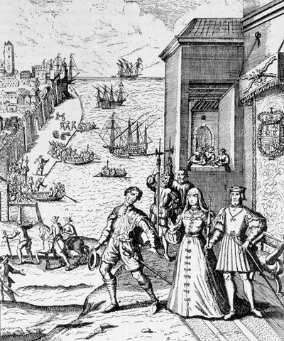 Partindo de Colombo com Ferdinand e Isabella, de "A História Narrativa e Crítica da América", editado por Justin Winsor, Londres, 1886 de Theodore de Bry