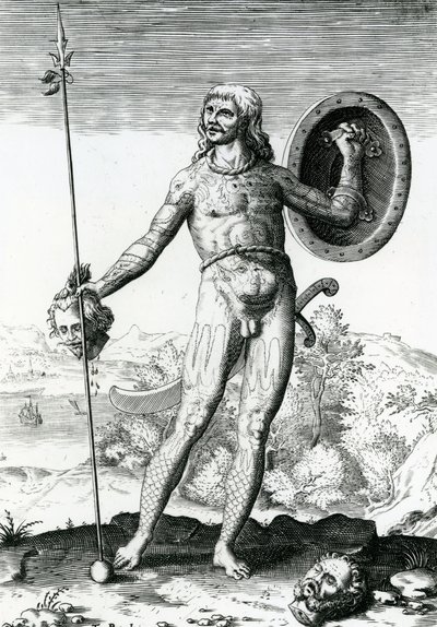Pictish homem segurando uma cabeça humana de Theodore de Bry