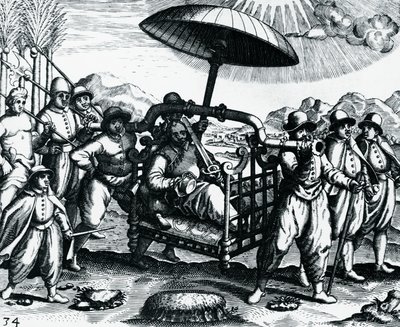 Português na Índia, sendo transportado em ninhada, gravura de Peregrinationes, por Theodor de Bry (1528-1598), Índia de Theodore de Bry