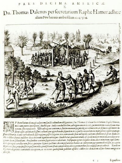Ralph Hamor visita Powhatan, 1619 (gravura) (foto bw) de Theodore de Bry