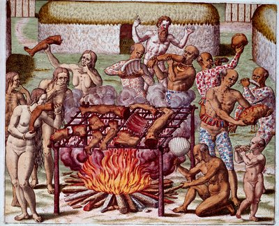 Cena de Canibalismo no Brasil Índios devoraram seus inimigos e prisioneiros. Gravura de "Admirante Narratio Americae" de Theodore de Bry (1528-1598) de Theodore de Bry