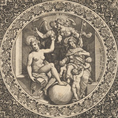 Cena com Misericórdia e Veritas num Círculo no Centro, 1580-1600. de Theodore de Bry