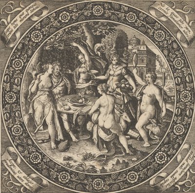 Cena com uma festa de amor em um círculo no centro, 1580-1600. de Theodore de Bry