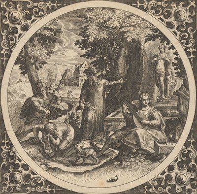 Cena com um aviso contra doenças venéreas em um círculo no centro, 1580-1600. de Theodore de Bry