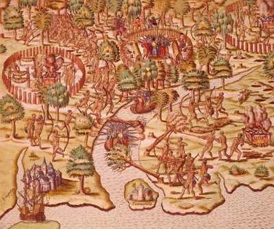 Tácticas de cerco e ataque em confrontos entre nativos e conquistadores de Theodore de Bry
