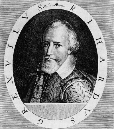 Sir Richard Grenville (c.1541-91), de "Newe World and American History", de Johann Ludwig Gottfried, publicado por Mattaeus Merian, Frankfurt, 1631 de Theodore de Bry