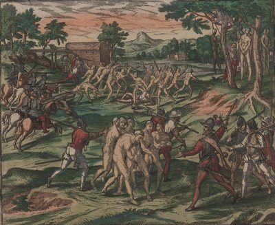 Os escravos tentam superar seus donos espanhóis, mas são capturados e enforcados em árvores, em 1595. de Theodore de Bry