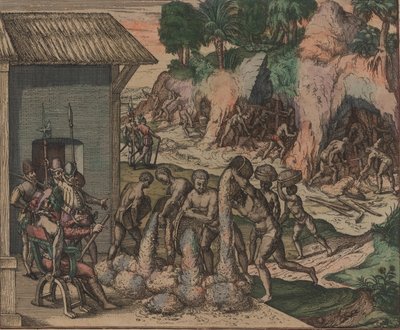 Escravos despejam minério na frente de soldados europeus. No fundo, os escravos trabalham nas minas, 1595. de Theodore de Bry