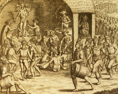 Rito religioso indígena sul-americano, gravura de Historia americae, de Theodor de Bry (1528-1598), Frankfurt de Theodore de Bry