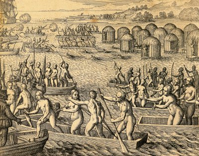 Nativos sul-americanos a atacar os navios dos conquistadores de Theodore de Bry