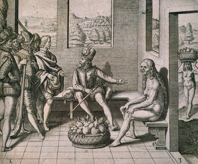 Conquistadores espanhóis encontram mulheres nativas na américa, por Theodore de Bry de Theodore de Bry