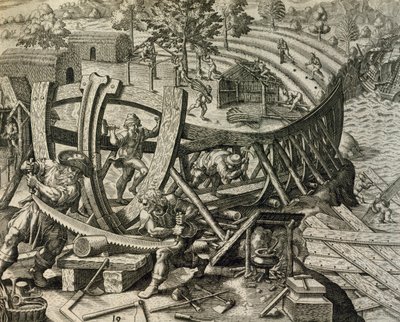 Marinheiros espanhóis construindo caravela, gravura de Historia Americae, de Theodor de Bry (1528-1598) de Theodore de Bry