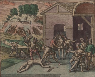 Os soldados espanhóis observam e executam a punição de um escravo, 1595. de Theodore de Bry