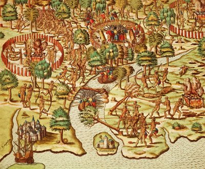 Técnicas de cerco e ataque, gravadas por Theodor de Bry (1528-1598), de Americae tertia pars de Theodore de Bry