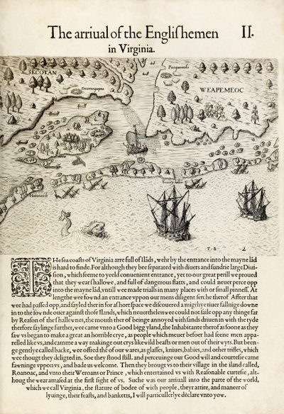 A Chegada dos Ingleses à Virgínia", de "A Briefe and True Report of the New Found Land of Virginia", de Thomas Harriot (gravura) de Theodore de Bry