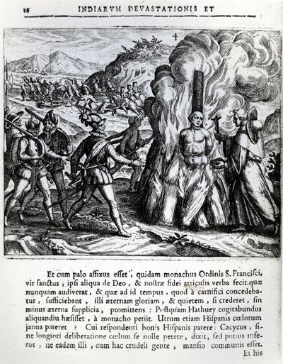 A queima de Hatuey pelos espanhóis em Yara, Cuba, em 2 de fevereiro de 1512, 1664 de Theodore de Bry