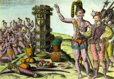 Os Floridians vieram a coluna erigida pelo navegador francês Jean Ribault (1520-1565) da primeira expedição à Florida Gravura da "História da América" por Theodore De Bry (1528-1598) Coleção Privada do século XVI de Theodore de Bry