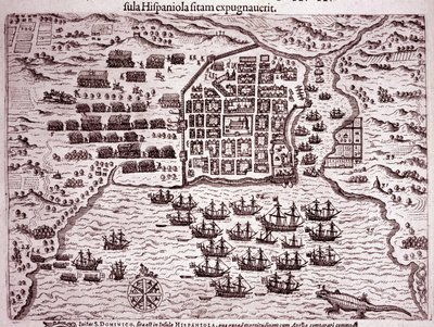A frota Francis Drake ocupa a ilha de Santo Domingo (Gravura de Theodore de Bry