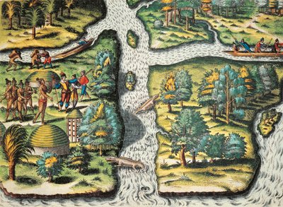 Os franceses ajudam os nativos a conseguir comida de Theodore de Bry