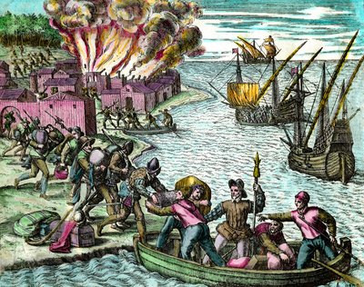 Os franceses pilham e queimam a cidade de Chioreran Engraving da "História da América" de Theodore de Bry (1528-1598) Coleção Privada do século XVI de Theodore de Bry